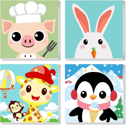 KEYIFA 4 Pack Framed Paint by Numbers Kit for Kids Age 6-12, Easy Animal Paintings for Adult Beginner, Framed Acrylic Canvas Painting for Home Decor Children Gift, 8x8 in (Giraffe+Rabbit+Pig+Penguin)