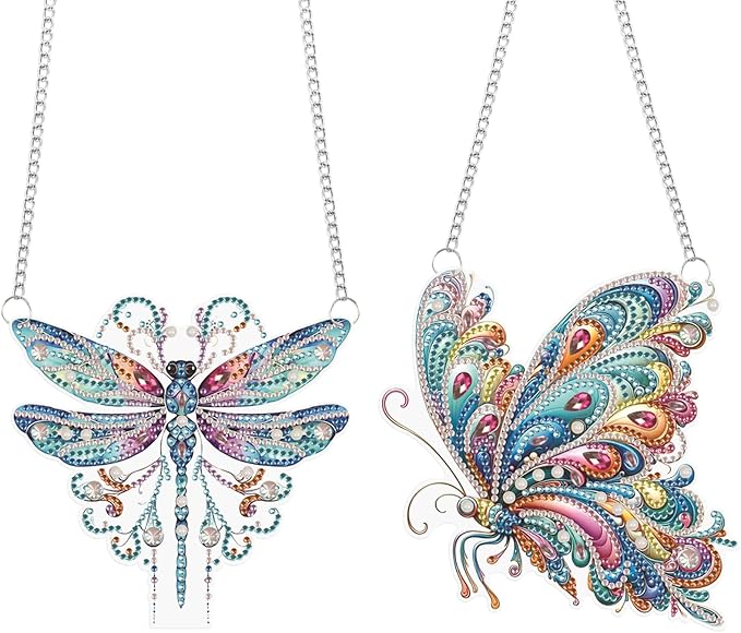 2 Pack Dreamy Dragonfly and Butterfly Diamond Art Pendants Ornaments – 5D Diamond Painting Hanging Decorations with Rhinestones – Acrylic Art Charms for Home, Car, or Gift