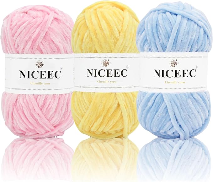 NICEEC 3 Skeins Soft Chenille Yarn Assorted Colors Blanket Yarn for Knitting Fancy Yarn for Crochet Weaving DIY Craft Total Length 3×85m (3×93yds, 3×50g)_Pink-Yellow-Blue