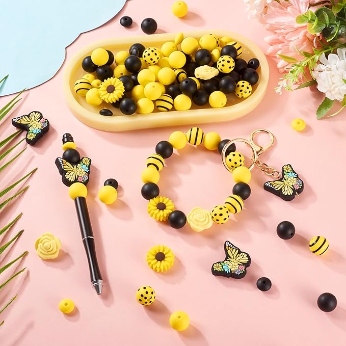 96 Pcs Butterfly Silicone Focal Beads for Keychain Yellow Silicone Loose Beads for Bracelet Making Rondelle Flower Daisy Beads for Women Jewelry Making DIY Birthday Supplies