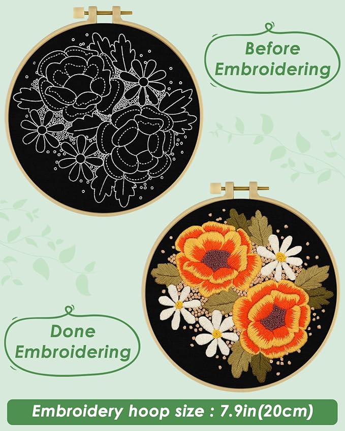 ERKOON Embroidery Kit for Beginners, Flower Cross Stitch Set Include Embroidery Cloth Hoops Threads for Craft Lover Hand Stitch with Embroidery Skill Techniques (Floral)