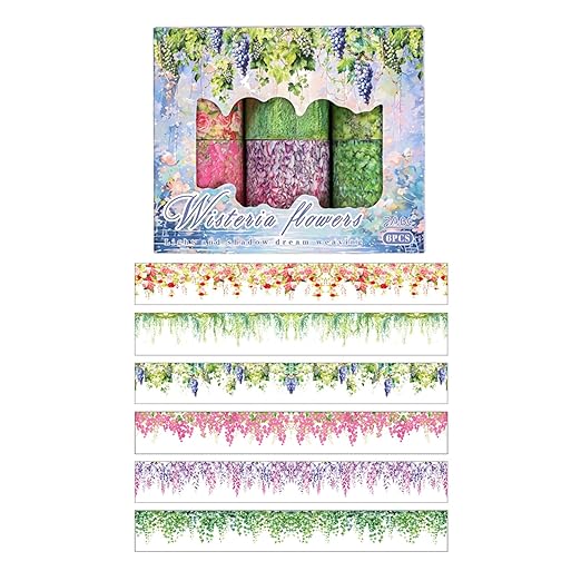 Wisteria Floral PET Decorative Tape Set, 6 Rolls Wide Garden Washi Tape for Journaling Supplies, Scrapbooking, Bullet Journal, Junk Journal, DIY Crafts and Gift Wrapping