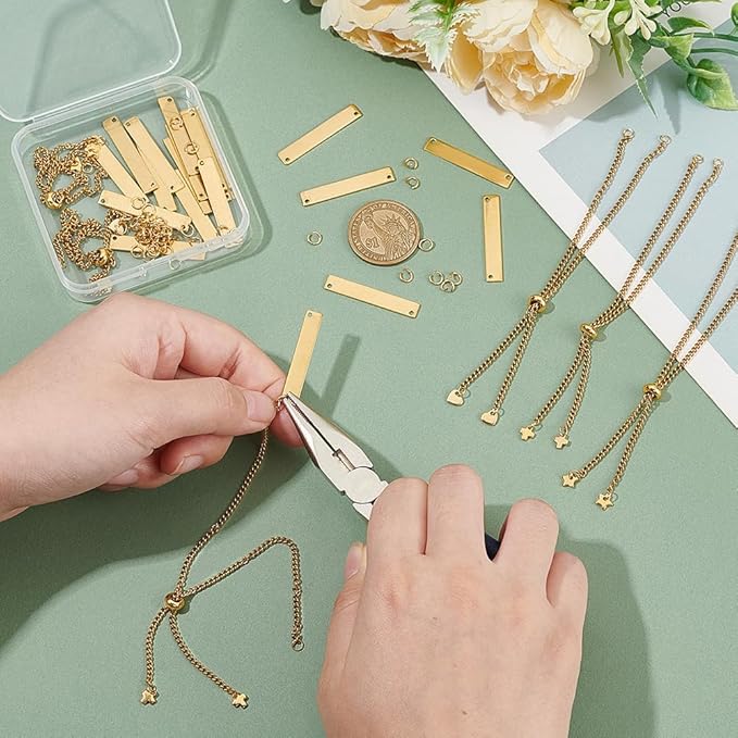 UNICRAFTALE DIY 304 Stainless Steel Rectangle Link Bracelet Making Kits Golden Engravable Bracelets Blank Tags Links Connectors 25cm Slider Bracelet 3.5mm Open Jump Rings for Bracelets Jewelry Making