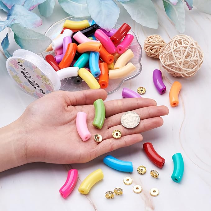 75Pcs Acrylic Chunky Tube Beads with Rondelle Brass Rhinestone Spacer Beads & Elastic Crystal Thread, 15 Colors Large Hole Opaque Curved Tube Beads for Bamboo Bangles Bracelet Jewelry Making