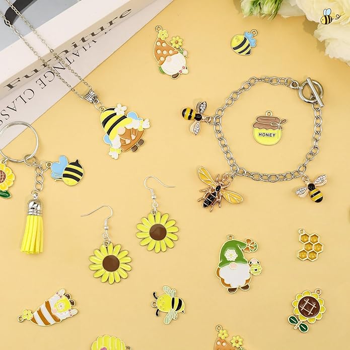 40Pcs Cartoon Enamel Bee Charms Set, 20 Styles Assorted Honeybee Honeycomb & Gnome Alloy Pendants for Jewelry Making Crafts DIY Necklace Bracelet Keychain Crafting Charms Kit