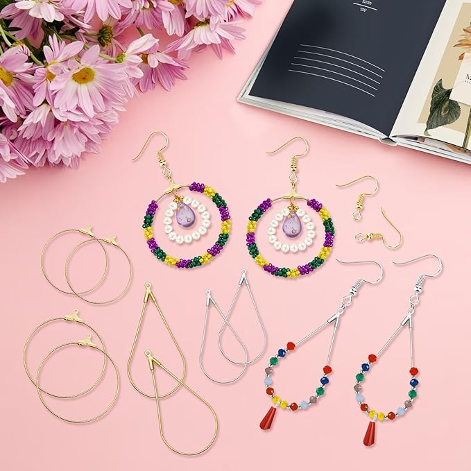380pcs hypoallergenic earring making kit, jewelry making earrings supplies with teardrop round beading hoop,earring hooks,jump rings,earring backs for diy earring craft(2 colors, 2 sizes)