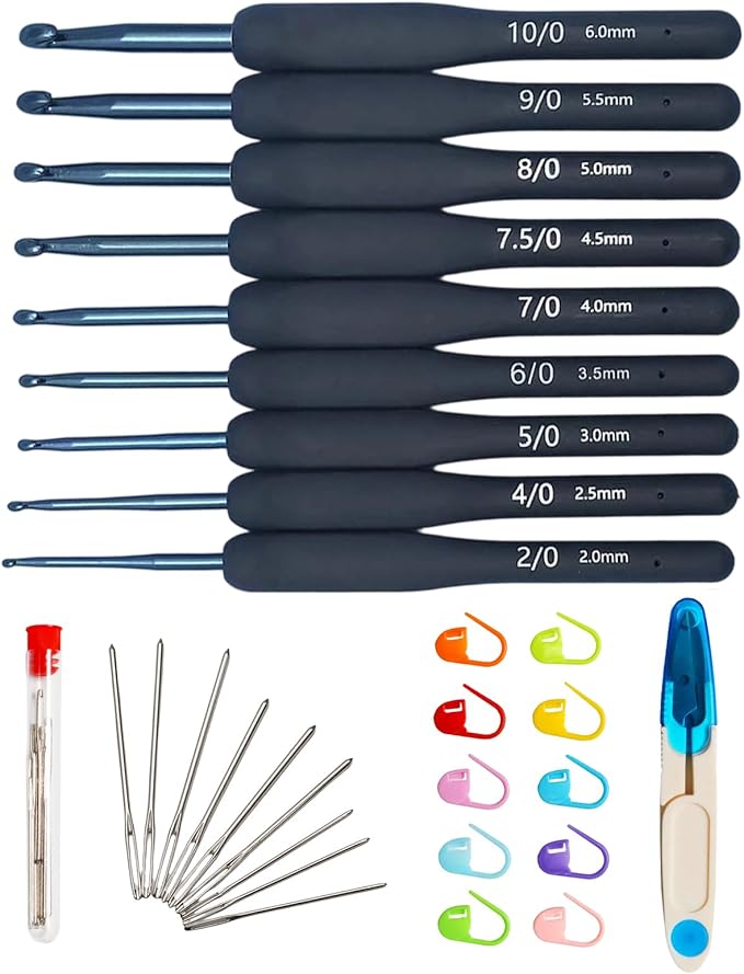 WINDAWNKE 9 PCS Navy Crochet Hook Set, Ergonomic Soft Grip Crochet Hook, Crochet Needle Kit with Knitting & Crochet Supplies