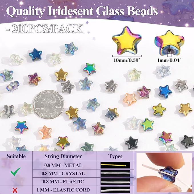 200PCS 10MM Glass Star Beads Bedazzling Irisedent Glass Beads,Crystal Star Beads,Fancy Shine Mixed Colors Cute Bead for Necklace Bracelet Earring Jewelry Making, Spacer Beads Bulk for Crafting & DIY