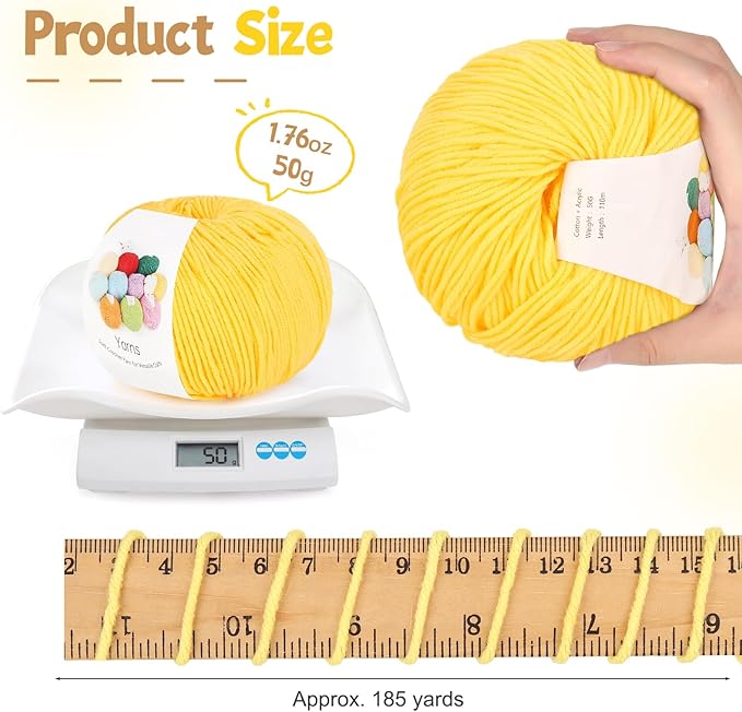 katech cotton yarn for crocheting-55% cotton 45% acrylic-4 medium (worsted)-super soft milk cotton yarn-great crochet and knitting starter kit for colorful craft（yellow）