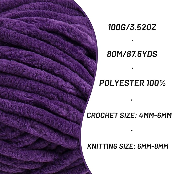 2 Pack Chunky Chenille Yarn for Crocheting, Baby Yarn for Crocheting Soft Blanket, 174.9 yds /7 oz Crochet Yarn, Bulky 5 Amigurumi Yarns, Fluffy Velvet Yarns for Knitting Crafts (2 Violet)