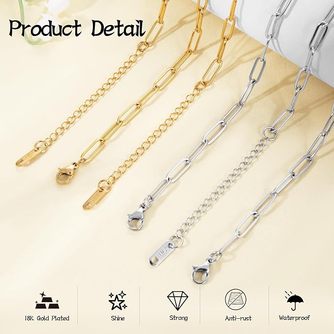 16 Pack 4mm 18K Gold Plated Paperclip Charm Necklace Chains Bulk for Jewelry Making 18Inch 18K Gold Plated and Stainless Steel Necklace Chain with 2 Inch Extension Chain for Women