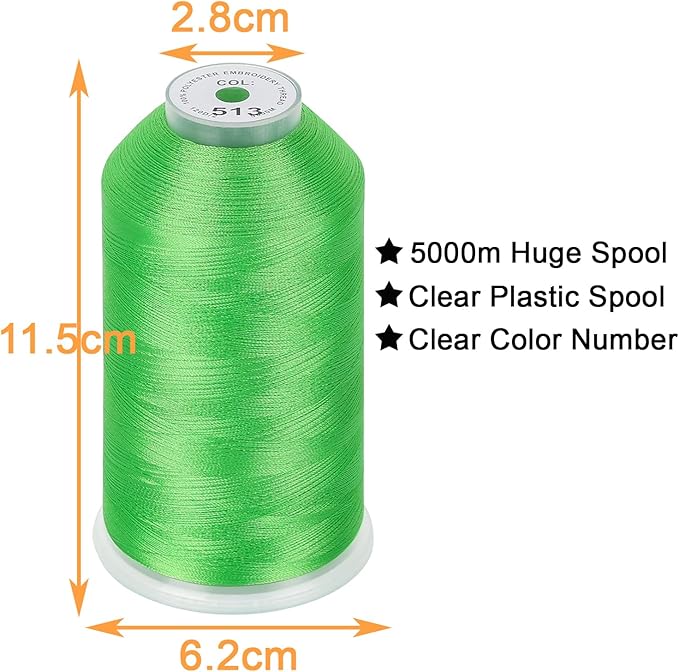 New brothread - 2 Huge Spools 5000M Each Polyester Embroidery Machine Thread 40WT for Commercial and Domestic Machines - Lime Green
