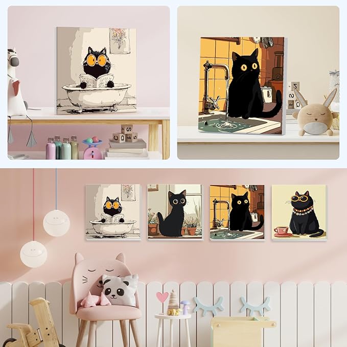 NEWENMO 4 Pack Paint by Number for Kids with Wooden Frame, Funny Cat Paint by Numbers for Kids Ages 8-12, Cute Cats, DIY Acrylic Oil Painting for Beginners for Home Wall Decor 8X8 inch