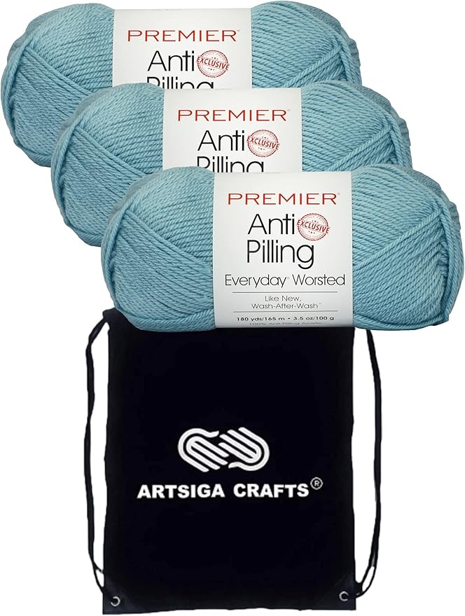 Premier Yarns Everyday Anti-Pilling Solid Porcelain Blue DN100-81 (3-Skeins - Same Dye Lot) #4 Worsted Weight Acrylic Yarn for Crocheting and Knitting with Project Bag