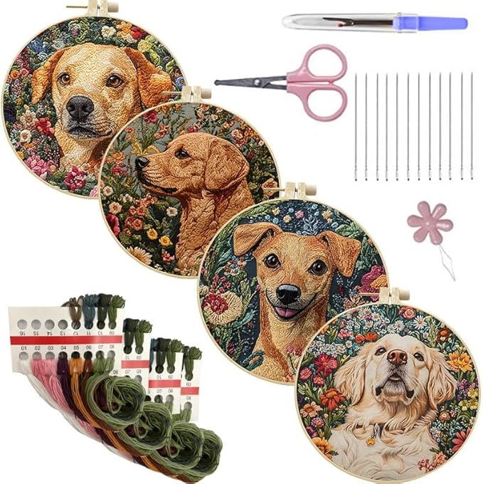 LB 4 Pack Cute Dog Flower Embroidery Kit for Beginners Funny Animal Beginner Embroidery Kit for Adults DIY Starter Kit with Embroidery Hoop Colorful Threads Tools Step by Step Instructions
