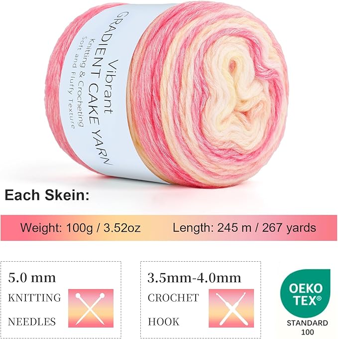 Aeelike Ombré Yarn for Crocheting, 3 Skeins Gradient Cake Yarn 100g (3.52 oz) 245m (267 Yards) # 3 Light Weight - Soft Yarns with Vibrant Colors for Making Blanket Scarves, Pink Yellow Gradient