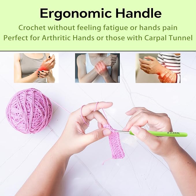 2mm Crochet Hook, Ergonomic Crochet Hooks with Soft Rubber Handle and Smooth Glide Head - Lightweight Aluminum Needles for Beginners, Arthritis, Yarn Projects, Long Crafting Sessions (2.0 mm)