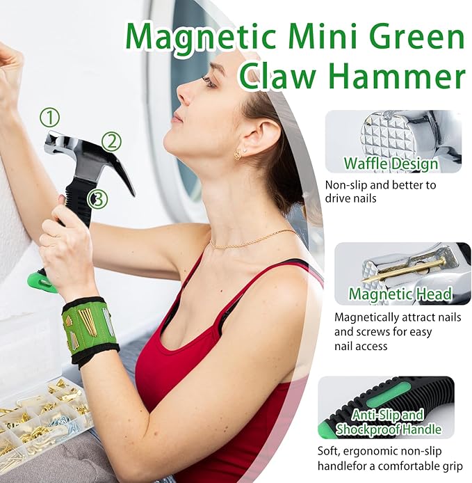 1002pcs Hardware Nails Assortment Kit, Nails for Hanging Pictures, Small Wall Nails for Hanging, Finishing Nails, Common Wood Nails, Mini 8oz Claw Hammer and Nails Set with Magnetic Wristband