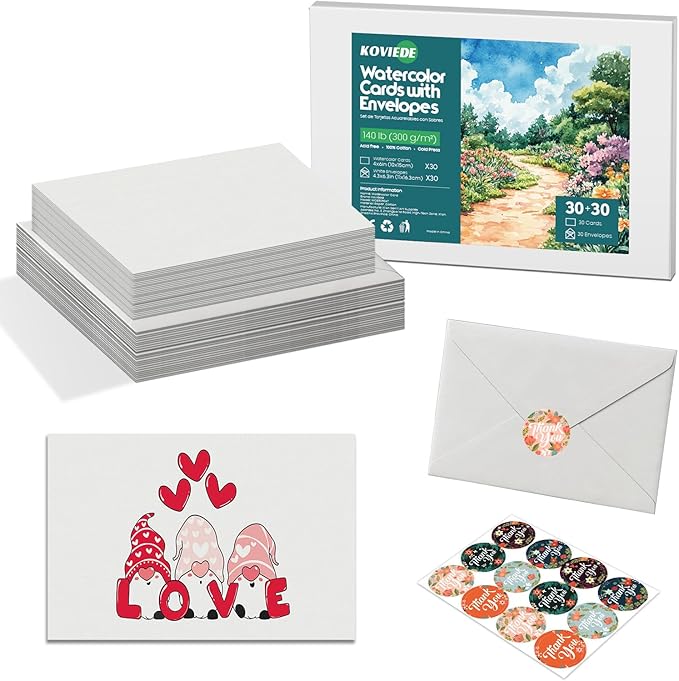 30 Pack Blank Watercolor Cards with Envelopes 4 x 6 Inch - 140lb/300gsm 100% Cotton Non-Folded Watercolor Paper for Wedding Invitations, Birthday Cards, Thank You Notes & DIY Art Projects