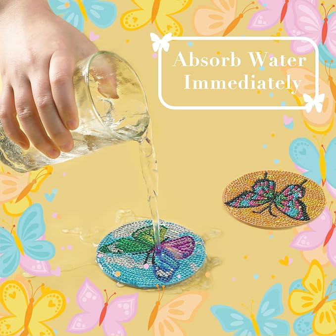 UPINS 8Pcs Diamond Art Painting Coasters for Drinks DIY Life Coaster Diamond Art Kits for Adults Kids Beginners Diamond Art Craft Supplies (Butterfly)
