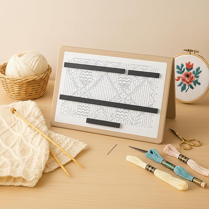 Flutesan 1 Pcs Beige Knitting Pattern Holder, Fold up Cross Stitch Knitting Chart Keeper with 4 Pcs Replacement Magnets, Cross Stitch Accessories Supplies, Unfolded Size 13.2 x 9 Inch