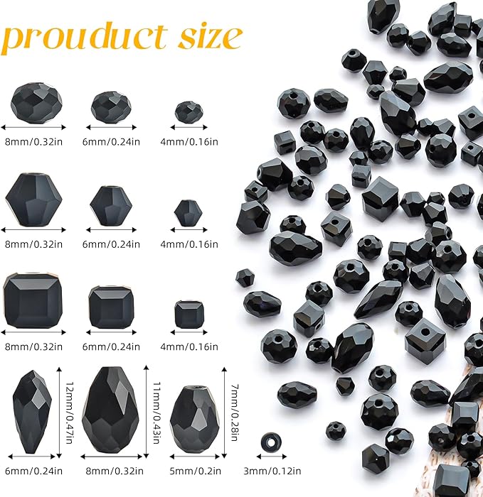 1500 Pcs Crystal Glass Beads for Jewelry Making – 12 Styles Bicone, Rondelle, Cube, Teardrop & 3mm Spacer Beads, DIY Bracelet Necklace Earring Craft Kit with Organizer Box(Black)