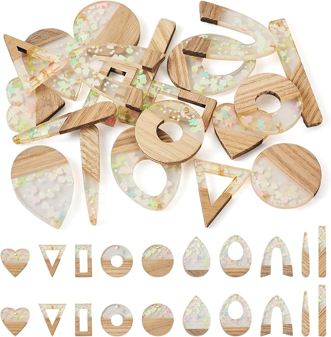 Beadthoven 20pcs/10 Pairs Resin Wood Charms DIY Earrings Pendants Pastel Color Sequin Resin Charms Mix Shape Wood Pieces for Statement Earrings Jewelry Making Necklace Ornaments DIY Supplies