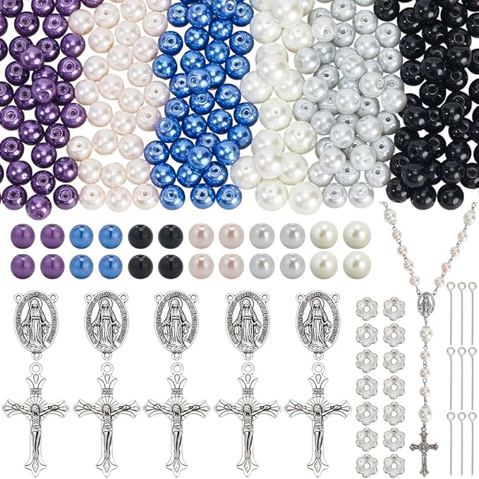SUNNYCLUE 700Pcs Rosary Making Kits Crucifix Charms Rosary Crosses Easter Cross Pendants Oval Chandelier Link Charm Glass Pearl Beads for Jewelry Making Supplies DIY Necklace Bracelets Holiday
