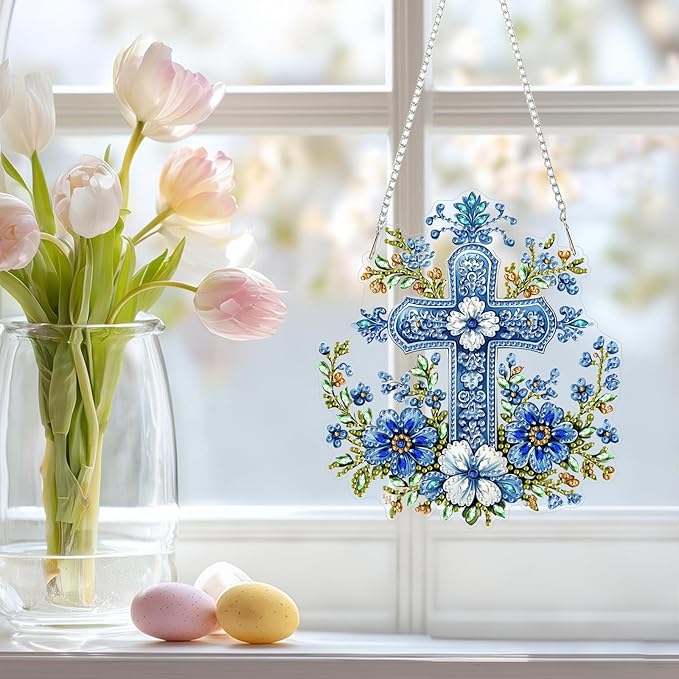 NAIMOER Cross Flowers Diamond Art Hanging Kits for Adults, 5D Special Shaped Rhinestone, DIY Acrylic Spring Diamond Art Painting Window Pendants Home Garden Wall Hanging Ornament Kits, Double Sided