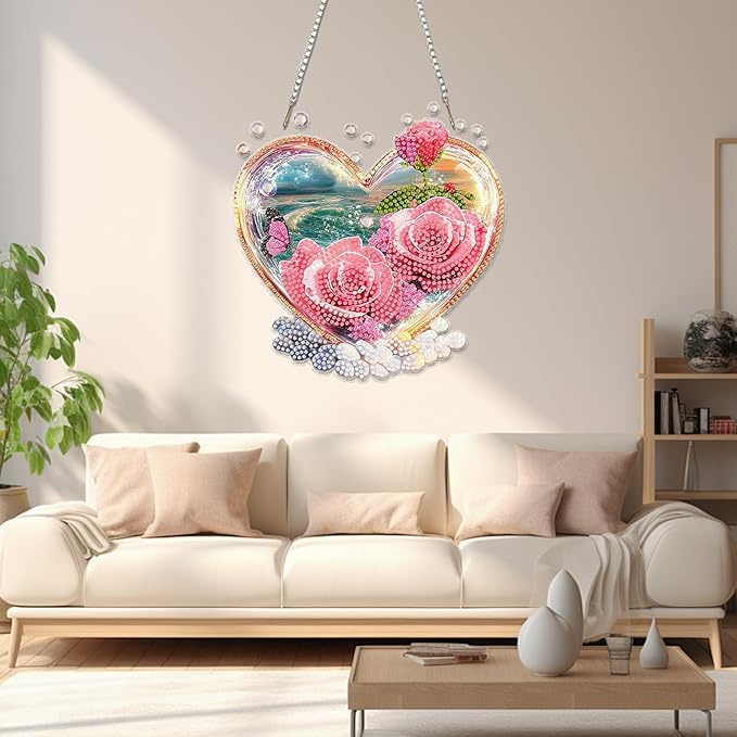 Miwixy Roses in Love Hanging Diamond Art Kits for Adults,Valentine Beach Special Shaped Crystal Diamond Painting Ornament Kit DIY Double-Sided Pattern Window Pendant Gem Art for Home Wall Decor