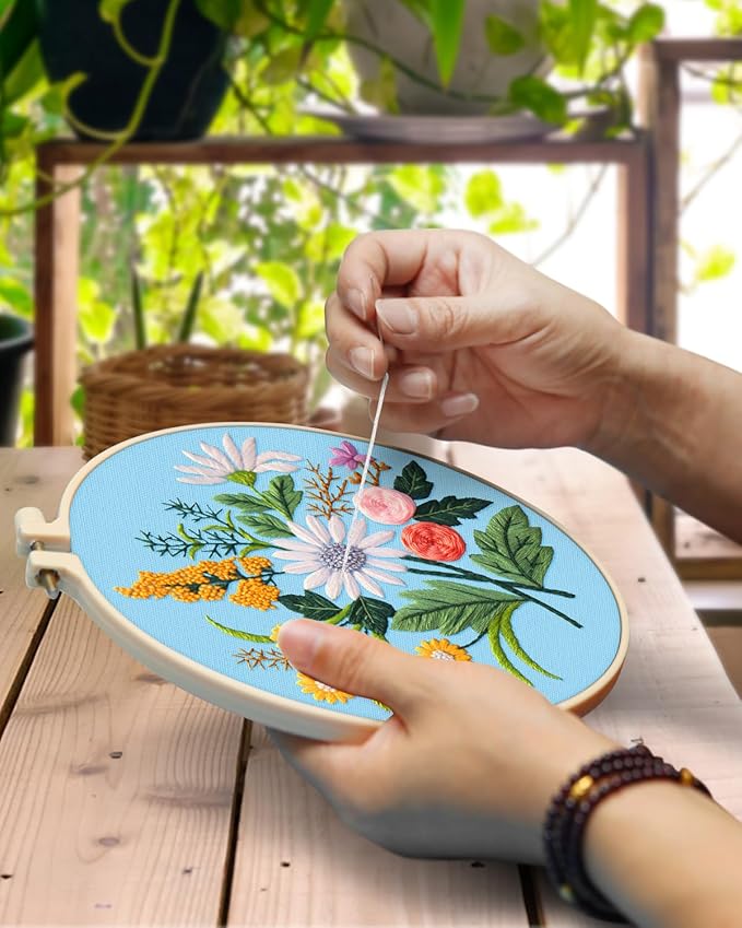 TINDTOP 5 Sets Embroidery Kit for Adults, Floral Embroidery Practice Kit for Beginners Include Embroidery Cloth Hoops Threads for Craft Lover Hand Stitch