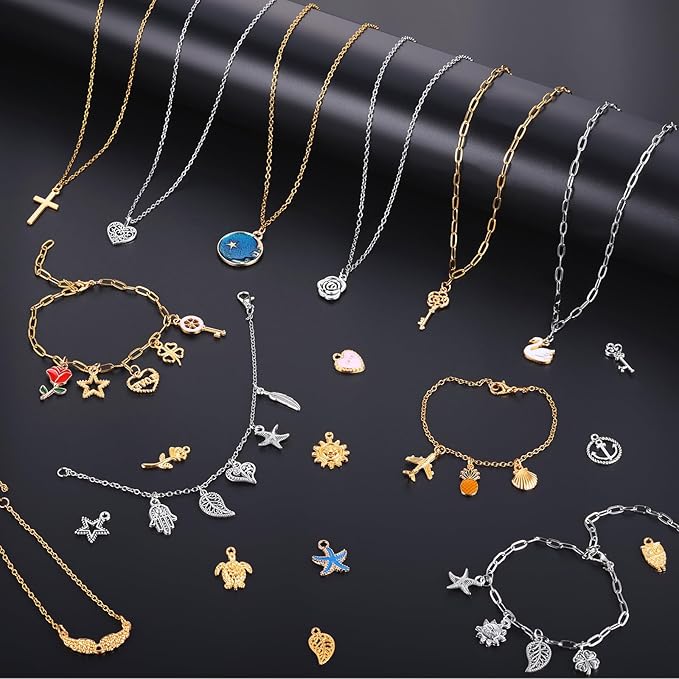 Zefy 18K Gold Silver Chain for Jewelry Making, 19.7ft 6 Rolls Stainless Steel Chains Bulk with 348 Pcs Charms, Jump Rings Lobster Clasps Set for DIY Bracelet Necklace Crafts