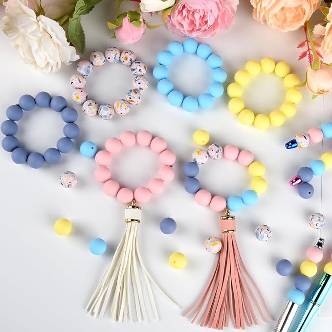 ASTARON 100 Pcs 15mm Silicone Beads for Keychain Making, Illustration Style Yellow Blue Round Beads Bulk for Bracelets Crafts Beadable Pens Decorations Jewelry Making Supplies