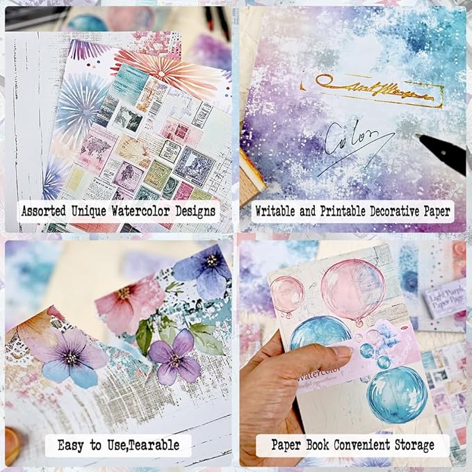 100 Sheets Watercolor Scrapbook Paper for Scrapbooking, Purple Collage Background Decorative Paper for Journaling, Junk Journal Supplies, Scrap Book, Decoupage, 3.9 x 5.5"