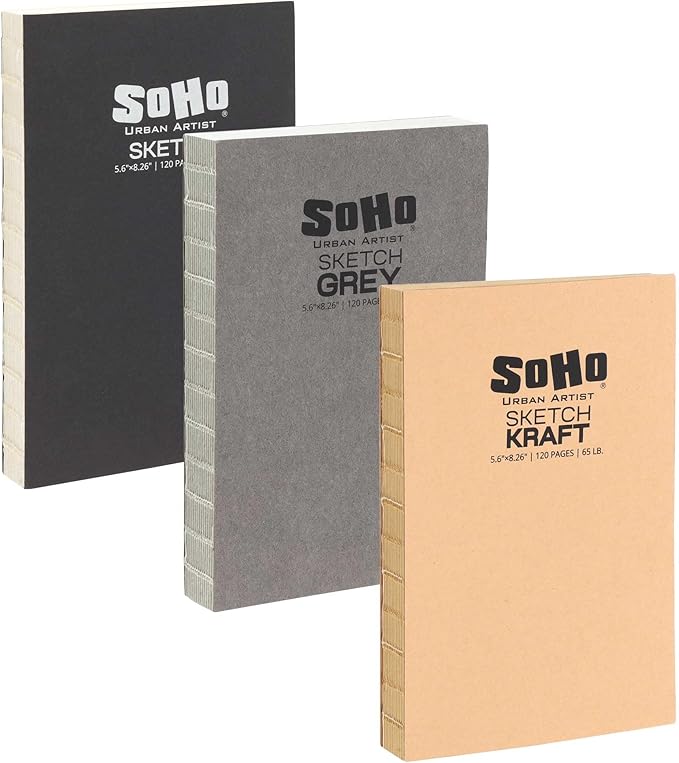 SoHo Urban Artist Open Bound Sketch Pads - Open Coptic Bound Sketch Pads for Drawing, Calligraphy, Any Dry Media, & More - [Grey, White, & Kraft - 5.6x8.26-3 Pack]