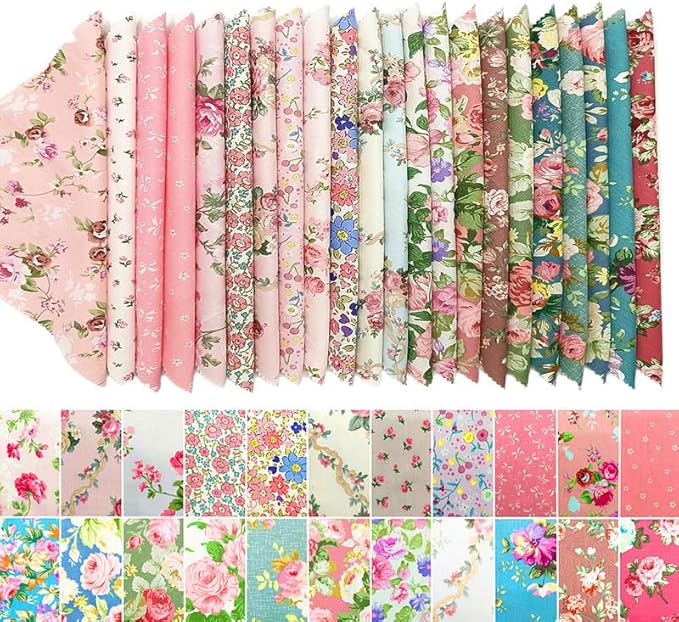 22Pcs 10" Pink Floral Fabric Squares No Repeat Charm Pack, Precut Quilting Cotton with Wavy Edges,10 Inch Squares for Quilting