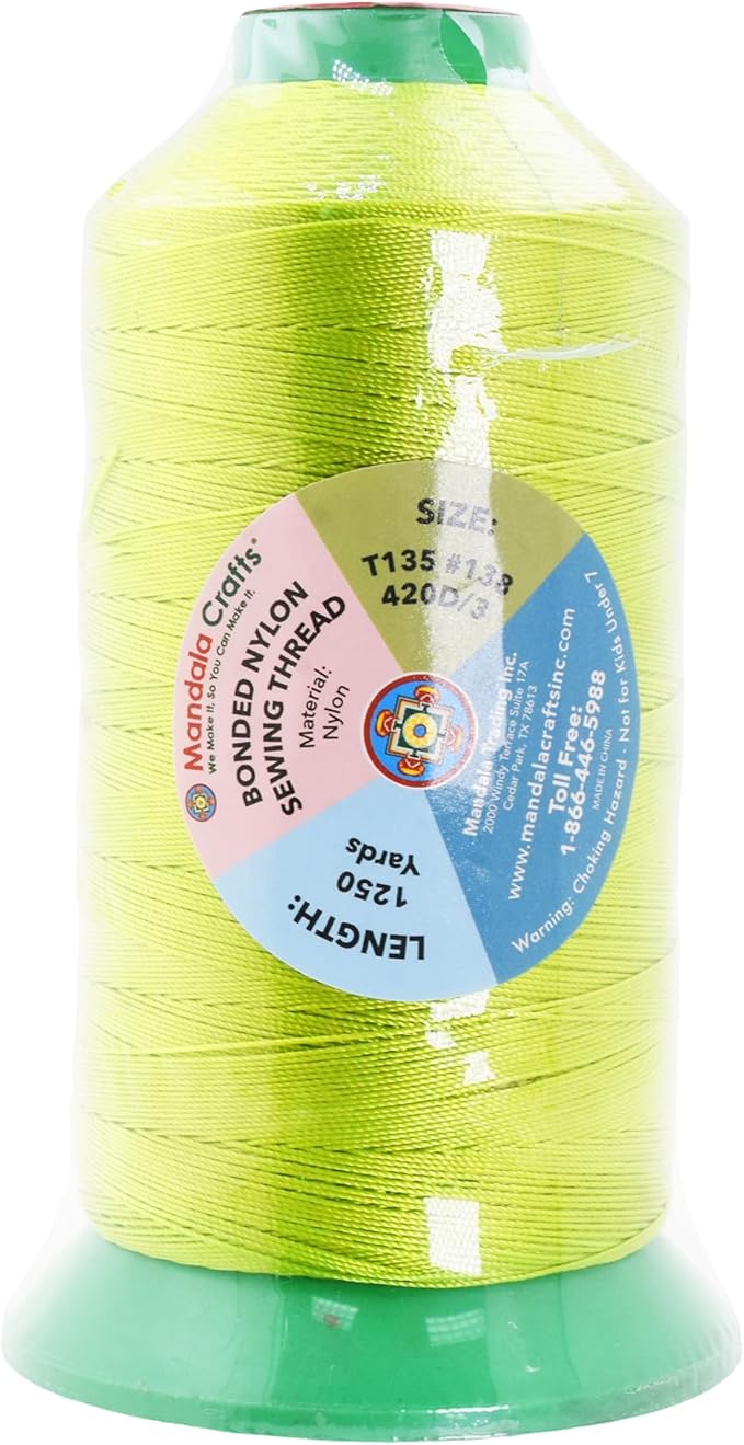 Mandala Crafts Size 138 420D T135 Bonded Nylon Thread - Lime Green 1250 YDs Tex 135 Heavy Duty Sewing Threads for Leather, Jeans, Weaving, Outdoor Marine Upholstery