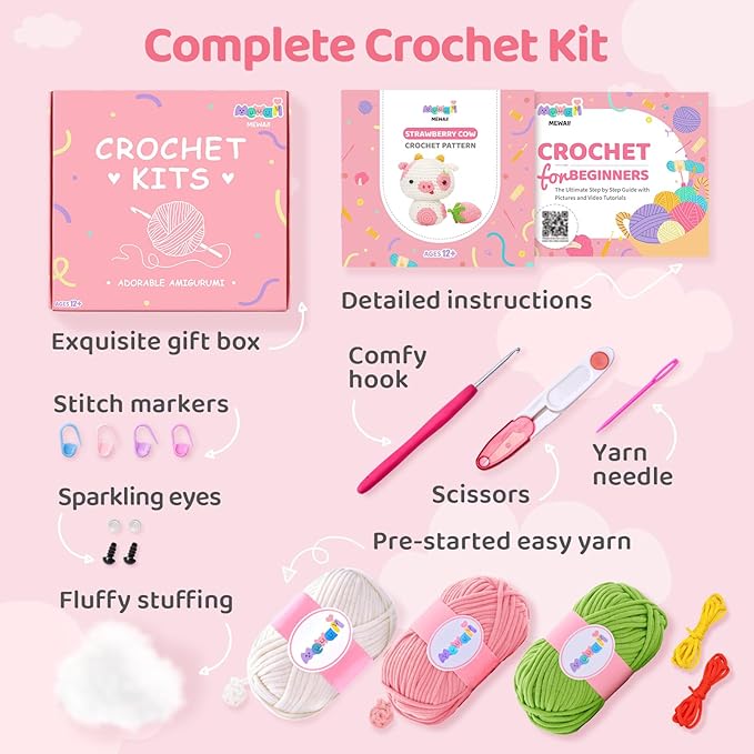 Mewaii Crochet Kit for Beginners Level 3 with 40% Extra Eco-Friendly Pre-Started Easy Yarn, Step-by-Step Video Tutorials for Adults and Kids (Strawberry Cow)