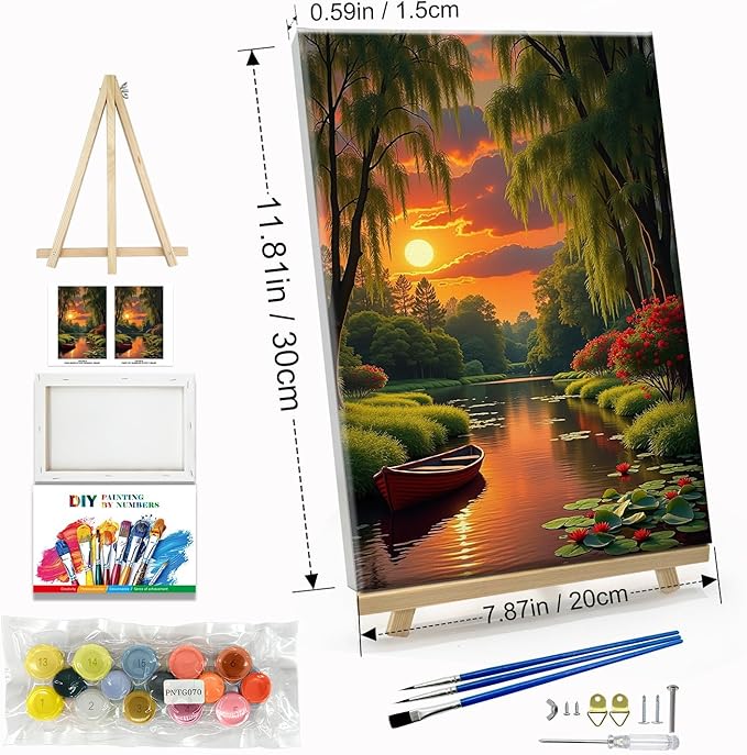 JOOZ Landscape Paint by Numbers Kit for Adults with Frame Sunset Paint by Number with Easel Boat Adult Paint by Number Kits Framed Canvas Boat Oil Painting Kits for Home Wall Decor 8x12 Inch