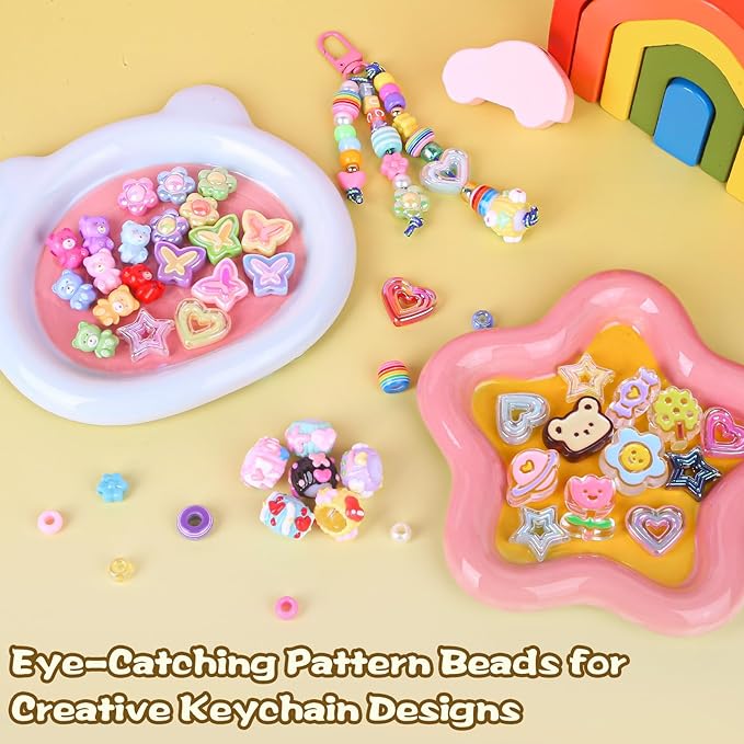 Ecoofor 633 PCS Beaded Keychain Making Kit, Acrylic Alphabet Letter Beads with Heart, Star & Flower Charms for DIY Jewelry, Bag Charm & Keychain Accessories Craft Supplies