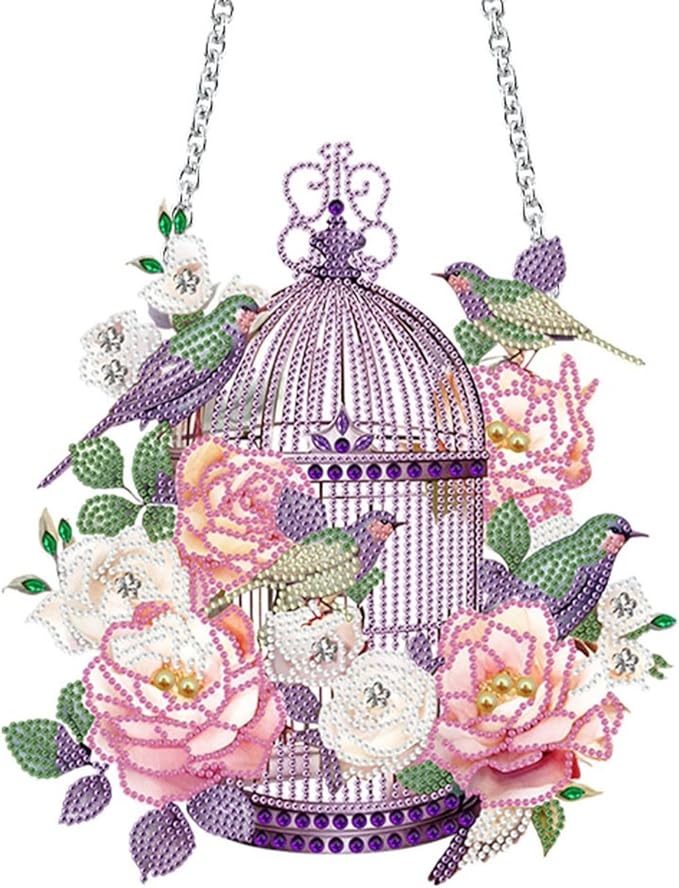 Flower Birdcage Design DIY Diamond Art Painting Wreath Kits Special Shaped Rhinestone Diamond Art Window Pendants Home Garden Wall Hanging Kits (Single Side Point Drill) (#11-Cat) (#06-Bird)