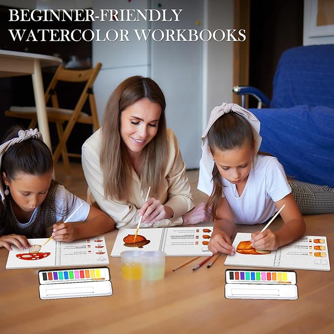 Watercolor Workbook, Watercolor Workbook Paint Book Beginner Friendly with 12 Patterns, Beginner-Friendly Watercolor Workbooks with 12 Paint Colors & Brush, Water Color Paint Set, Valentine's Day Gift