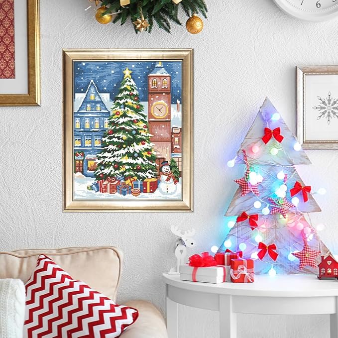 FREEBLOSS 11CT Christmas Tree Printed Cross Stitch Kits Stamped Embroidery Kits with Instruction Wall Hanging Kit for Needlepoint Adults Wall Art Decoration 16x20in/40x50cm