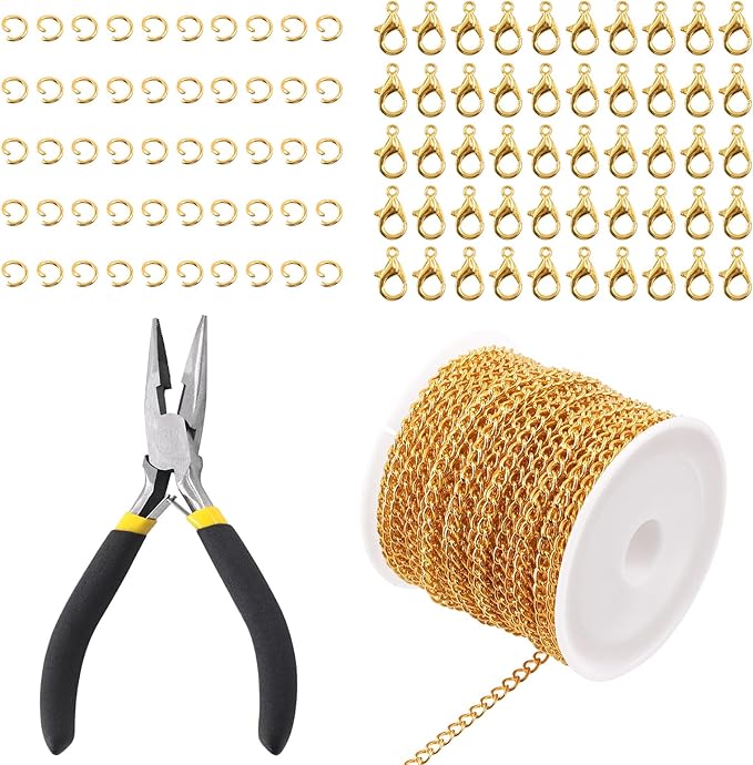 Rustark 102Pcs 4mm 30 Feet Gold Jewelry Making Chains Kit Thin Necklace Bracelet Chain Twisted Links Curb Chain with Jump Rings Lobster Clasps and Pliers for Bracelet Necklace Jewelry Making