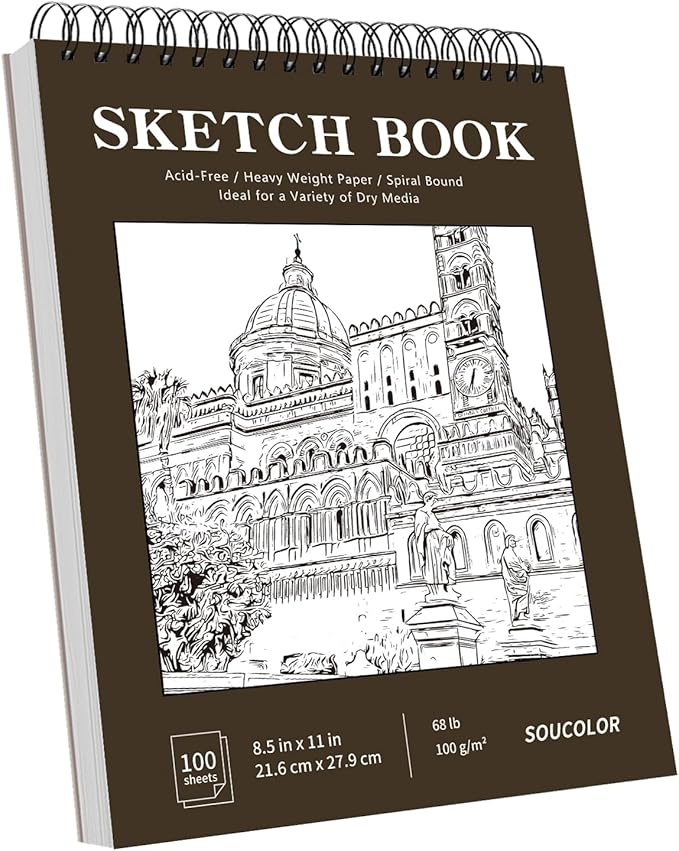 soucolor sketchbook 8.5x11 hard cover - 100 sheets spiral bound sketch pad 8.5" x 11", 68lb/100gsm thick drawing paper 8.5" x 11", acid-free art notebook for adults teacher must have