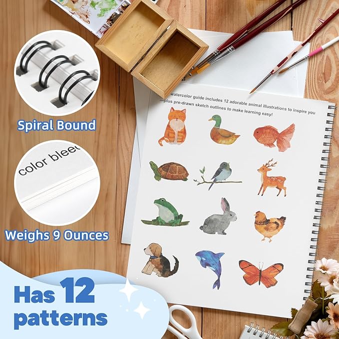 Teswarha Watercolor Workbook Using Thick Real Cotton Watercolor Paper for Adults Teens Spiral Bound 300GSM Art Paper 12 Sheets Animals 8.2 x 9.8in