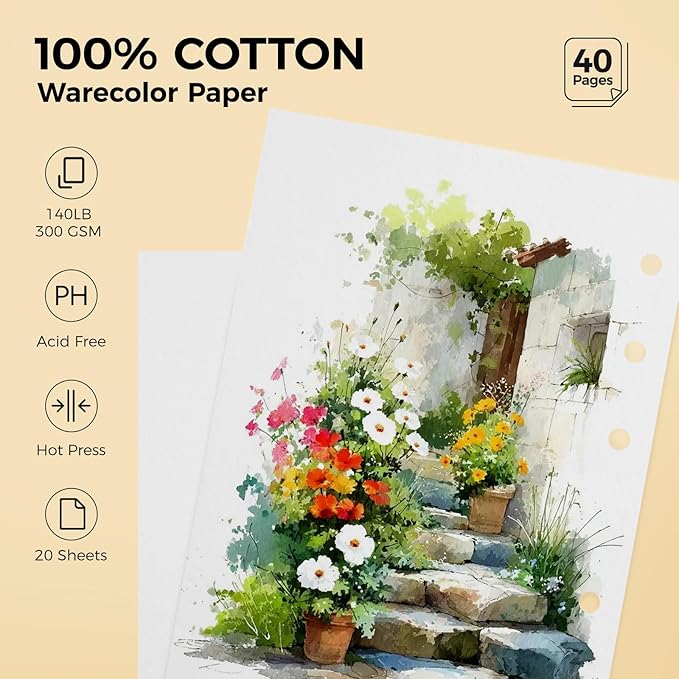 Lightwish Watercolor Sketchbook 100% Cotton, 300gsm (140lb) - 6.69" x 3.94" Hot Press Watercolor Paper Journal Notebook - 20 Sheets with PU Leather Cover for Drawing Mixed Media