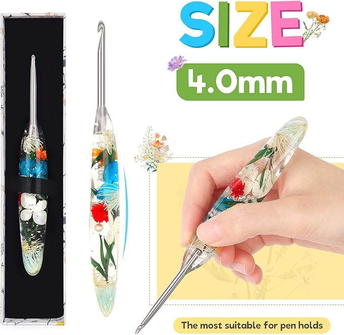 Katech 4.0mm Crochet Hook for Arthritic Hands, Hand-Polished Stainless Steel Ergonomic Crochet Hooks with Customized Sparkle Dried Floral Grip, Soft Tapered Hook-Crochet Gift for Beginner & Crocheter