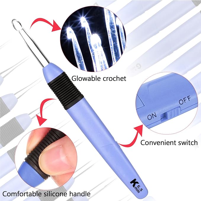 Chuangdi 9 Pieces Lighted Crochet Hooks with Case 9 Size LED Light Crochet Hooks Set Knitting Needles Craft Yarn Weaving Needles Comfortable Smooth Handle for Knitting, 2.5 mm-6.5 mm(Purple)