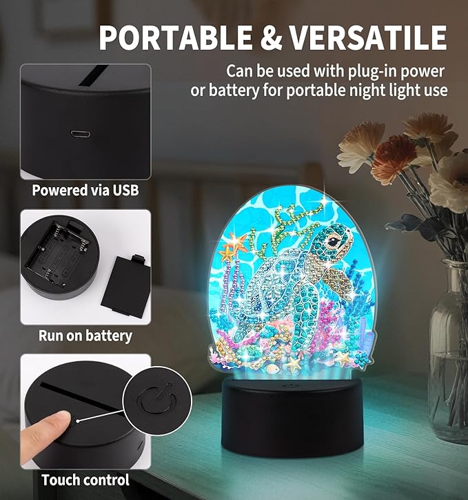 ALKALO Diamond Painting Night Light, Diamond Painting Kits for Adults Desktop Ornaments for Table Tabletop Decor Diamond Art Accessories for Adult Beginner Touch Lamp for Bedrooms Living Room- Turtle
